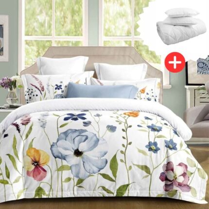Pachet promo lenjerie de pat 100% bumbac – cu elastic – 4 piese + Pilota + 2 Perne, Model 18259