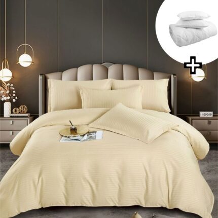 Pachet promo lenjerie de pat bumbac damasc premium cu elastic 6 piese + Pilota + 2 Perne, Model 8153