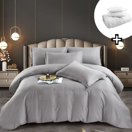 Pachet promo lenjerie de pat bumbac damasc premium cu elastic 6 piese + Pilota + 2 Perne, Model 8155
