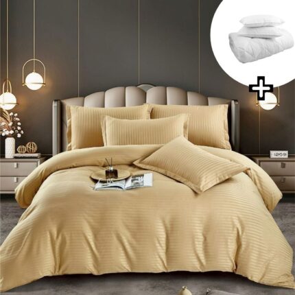 Pachet promo lenjerie de pat bumbac damasc premium cu elastic 6 piese + Pilota + 2 Perne, Model 8157