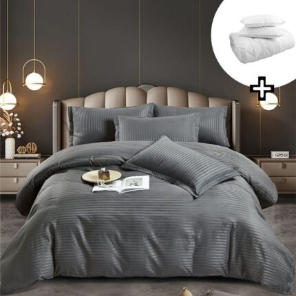 Pachet promo lenjerie de pat bumbac damasc premium cu elastic 6 piese + Pilota + 2 Perne, Model 8159