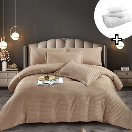 Pachet promo lenjerie de pat bumbac damasc premium cu elastic 6 piese + Pilota + 2 Perne, Model 8160