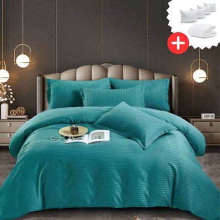 Pachet promo lenjerie de pat bumbac damasc premium cu elastic 6 piese + Pilota + 4 Perne, Model 9947