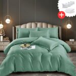 Pachet promo lenjerie de pat bumbac damasc premium cu elastic 6 piese + Pilota + 4 Perne, Model 9949