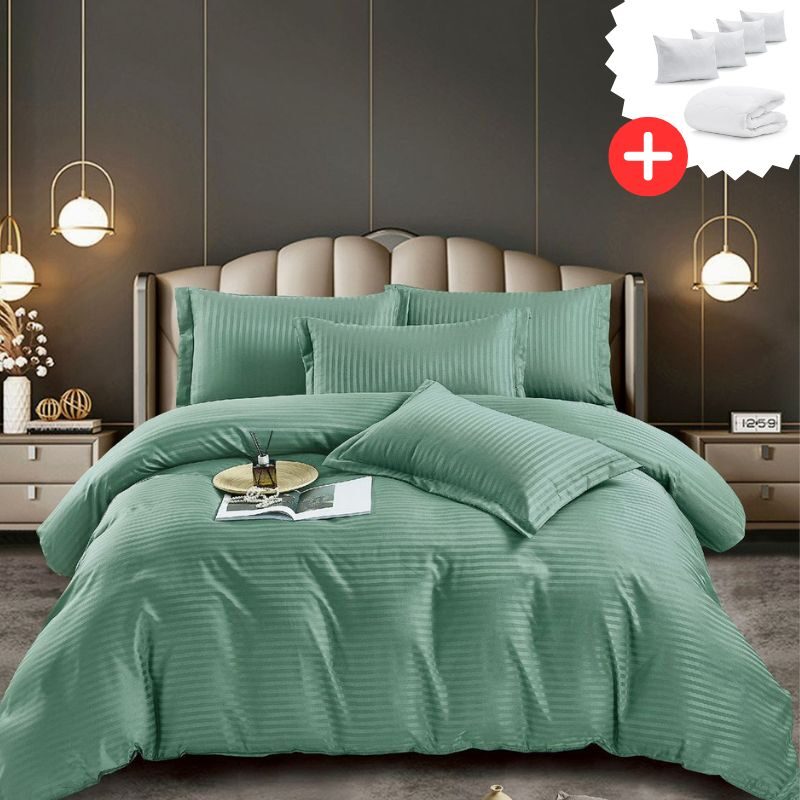 Pachet promo lenjerie de pat bumbac damasc premium cu elastic 6 piese + Pilota + 4 Perne, Model 9949 Pachet promo lenjerie de pat bumbac damasc premium cu elastic 6 piese + Pilota + 4 Perne, Model 9949