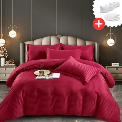 Pachet promo lenjerie de pat bumbac damasc premium cu elastic 6 piese + Pilota + 4 Perne, Model 9950