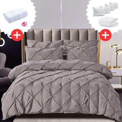 Pachet Promo Lenjerie de pat bumbac finet deluxe + Set 5 prosoape 100% Bumbac + Pilota + 4 Perne, Model 9218