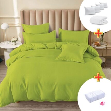 Pachet Promo Lenjerie de pat finet cu elastic + Set 5 prosoape 100% Bumbac + Pilota + 4 Perne, Model 7884