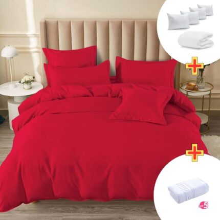 Pachet Promo Lenjerie de pat finet cu elastic + Set 5 prosoape 100% Bumbac + Pilota + 4 Perne, Model 7889