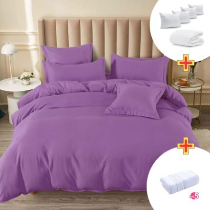 Pachet Promo Lenjerie de pat finet cu elastic + Set 5 prosoape 100% Bumbac + Pilota + 4 Perne, Model 7894
