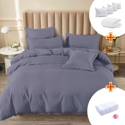 Pachet Promo Lenjerie de pat finet cu elastic + Set 5 prosoape 100% Bumbac + Pilota + 4 Perne, Model 7899