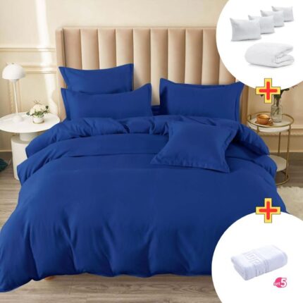 Pachet Promo Lenjerie de pat finet cu elastic + Set 5 prosoape 100% Bumbac + Pilota + 4 Perne, Model 7901