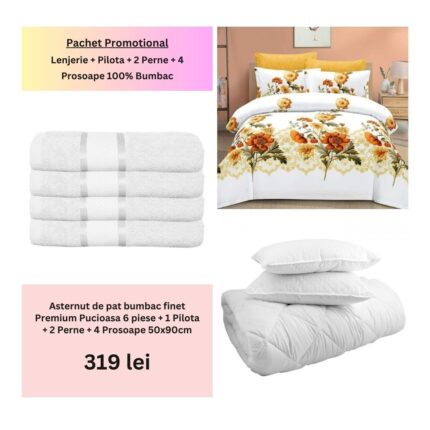 Pachet Promo Lenjerie de pat finet Premium Pucioasa + Set 4 prosoape 100% Bumbac + Pilota + 2 Perne, Model 18467