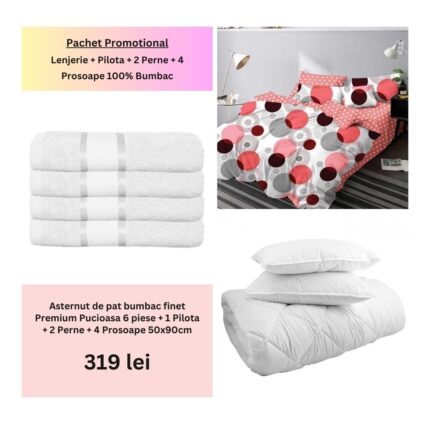 Pachet Promo Lenjerie de pat finet Premium Pucioasa + Set 4 prosoape 100% Bumbac + Pilota + 2 Perne, Model 18469