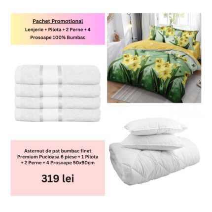 Pachet Promo Lenjerie de pat finet Premium Pucioasa + Set 4 prosoape 100% Bumbac + Pilota + 2 Perne, Model 18470