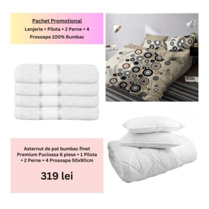 Pachet Promo Lenjerie de pat finet Premium Pucioasa + Set 4 prosoape 100% Bumbac + Pilota + 2 Perne, Model 18472