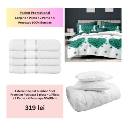 Pachet Promo Lenjerie de pat finet Premium Pucioasa + Set 4 prosoape 100% Bumbac + Pilota + 2 Perne, Model 18473