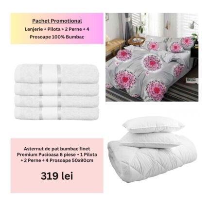 Pachet Promo Lenjerie de pat finet Premium Pucioasa + Set 4 prosoape 100% Bumbac + Pilota + 2 Perne, Model 18474