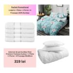 Pachet Promo Lenjerie de pat finet Premium Pucioasa + Set 4 prosoape 100% Bumbac + Pilota + 2 Perne, Model 18475