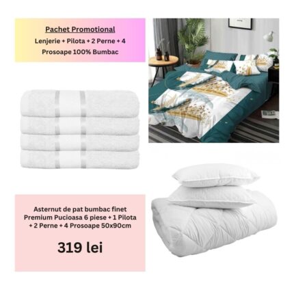 Pachet Promo Lenjerie de pat finet Premium Pucioasa + Set 4 prosoape 100% Bumbac + Pilota + 2 Perne, Model 18476