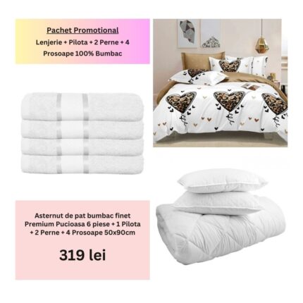 Pachet Promo Lenjerie de pat finet Premium Pucioasa + Set 4 prosoape 100% Bumbac + Pilota + 2 Perne, Model 18477