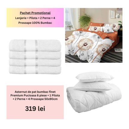 Pachet Promo Lenjerie de pat finet Premium Pucioasa + Set 4 prosoape 100% Bumbac + Pilota + 2 Perne, Model 18478