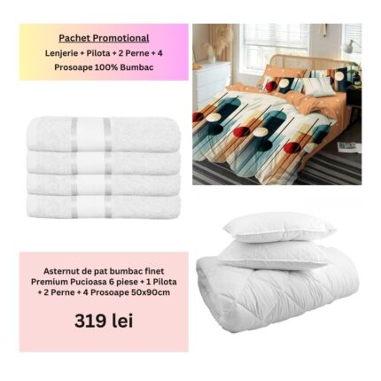 Pachet Promo Lenjerie de pat finet Premium Pucioasa + Set 4 prosoape 100% Bumbac + Pilota + 2 Perne, Model 18479
