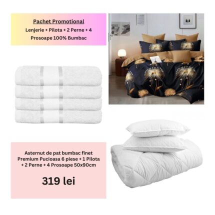 Pachet Promo Lenjerie de pat finet Premium Pucioasa + Set 4 prosoape 100% Bumbac + Pilota + 2 Perne, Model 18480