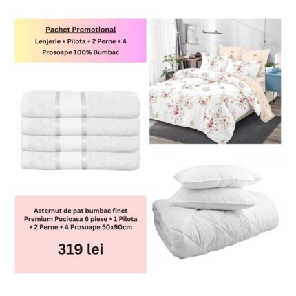 Pachet Promo Lenjerie de pat finet Premium Pucioasa + Set 4 prosoape 100% Bumbac + Pilota + 2 Perne, Model 18481