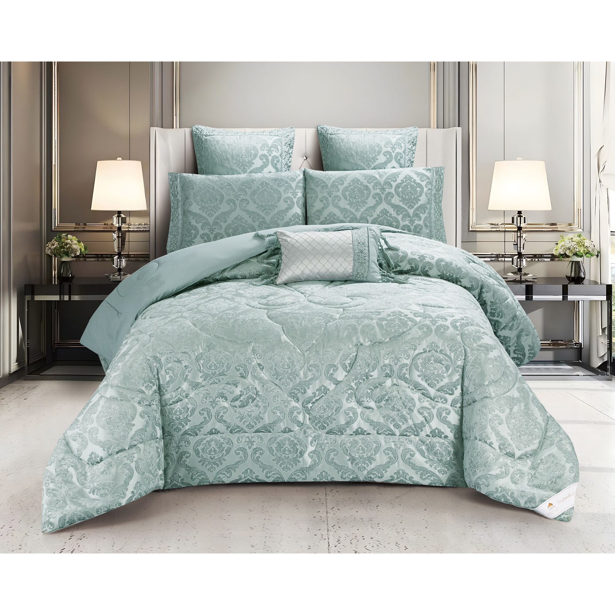Set lenjerie de pat bumbac Jacquard + Pilota Jacquard + Perna – 7 piese, Model 10992 - imagine 5 Set lenjerie de pat bumbac Jacquard + Pilota Jacquard + Perna – 7 piese, Model 10992 - imagine 5